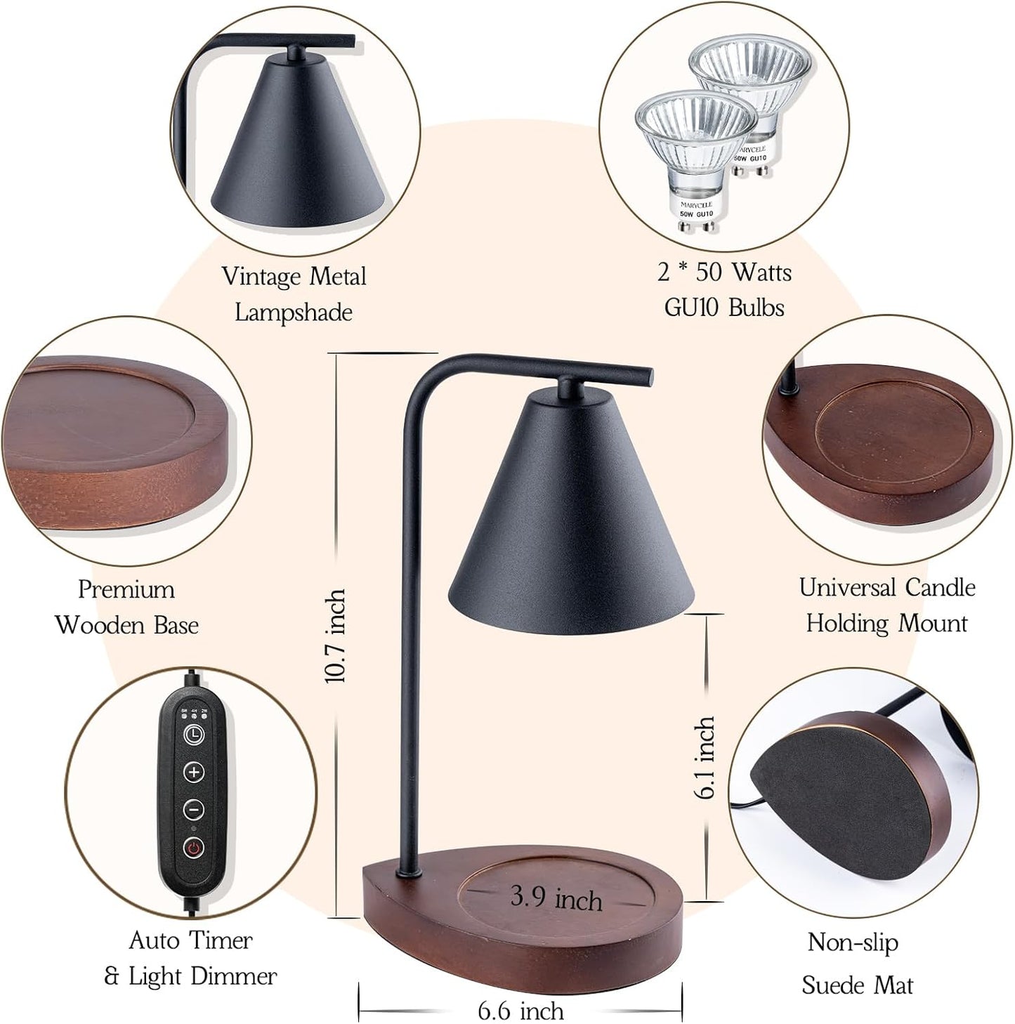 Marycele Candle Warmer Lamp with Timer & Dimmer - Mothers Day Gifts for Women Mom Her, Aesthetic Office Home Decor, Adjustable Height Wax Melter for Candle Jar & 3-Wick Candles (2 Bulbs Included)