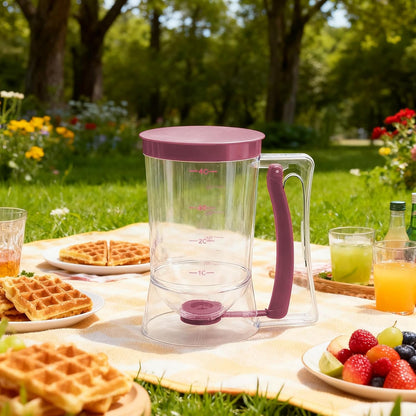 Pancake Batter Dispenser - Cookie Cupcake Cupcakes Waffle Waffles Separator Tool with Squeeze Handle, Easy Pour & Measuring Label for Griddle, Baking Supplies, Crepe & Cake Muffin Mix, Purple