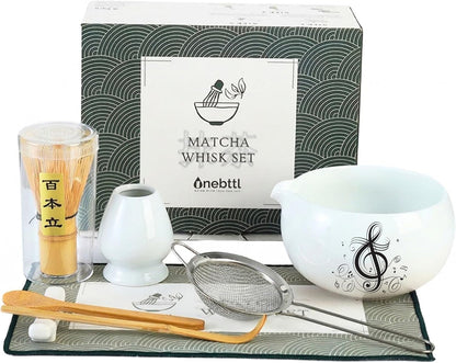 Onebttl Matcha Whisk Set Gifts, 8 Pcs Ceramic Matcha Kit Set Includes Matcha Bowl, Matcha Whisk and Holder, Bamboo Spoon and Scoop, Scoop Rest, Sifter and Tea Towel - Sunflower