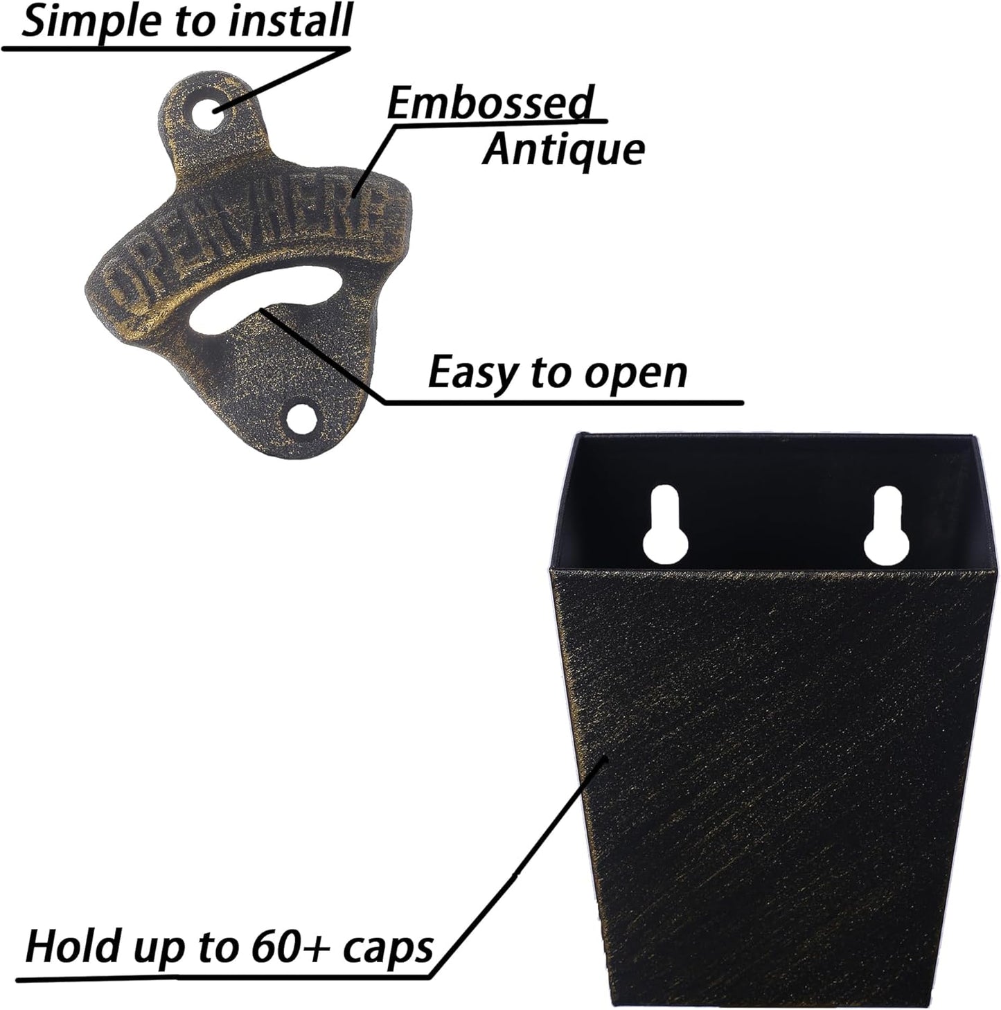 Satin Black Cast Iron Bottle Opener Wall Mounted with Bottle Cap Catcher Narrow