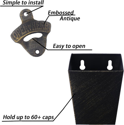 Satin Black Cast Iron Bottle Opener Wall Mounted with Bottle Cap Catcher Narrow