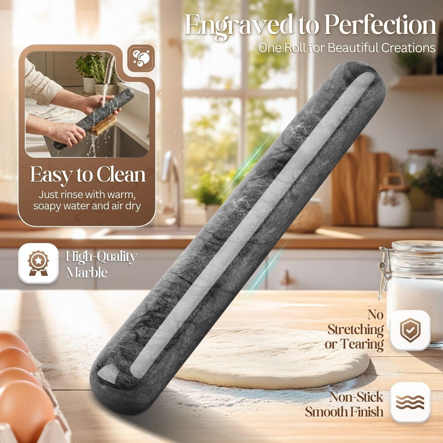 Flexzion French Rolling Pin, 12 Inch White Marble Rolling Pins for Baking with Wooden Base Holder Stand - Non-Stick Baking Roller for Baking Fondant, Crust, Pastry, Cookies, Pizza, Pasta