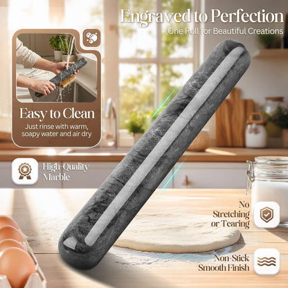 Flexzion French Rolling Pin, 12 Inch White Marble Rolling Pins for Baking with Wooden Base Holder Stand - Non-Stick Baking Roller for Baking Fondant, Crust, Pastry, Cookies, Pizza, Pasta
