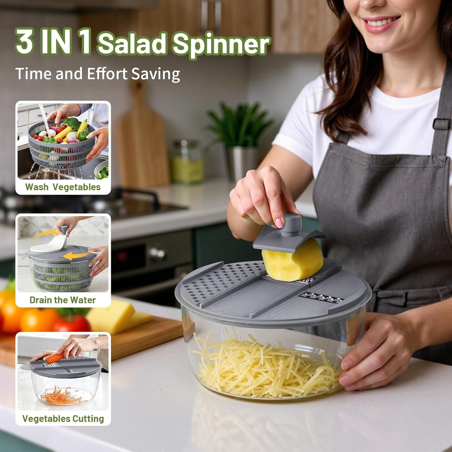 Salad Spinner, 5.3 QT Lettuce Spinner with Strainer, Fruit Cleaner with 4 Replaceable Blade for Shredding, Slicing and Pureeing, Salad Washer & Dryer for Quick Washing (Green)