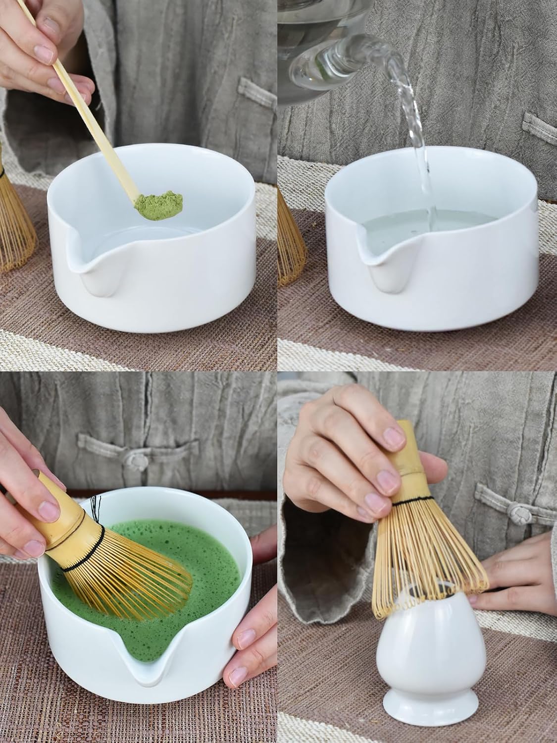 Artcome 4 Pcs Complete Matcha Ceremony Kit - Japanese Bowl With Pouring Spout, Whisk, Holder, Scoop - Tea Set for Making Usucha, Koicha and Latte (Green)