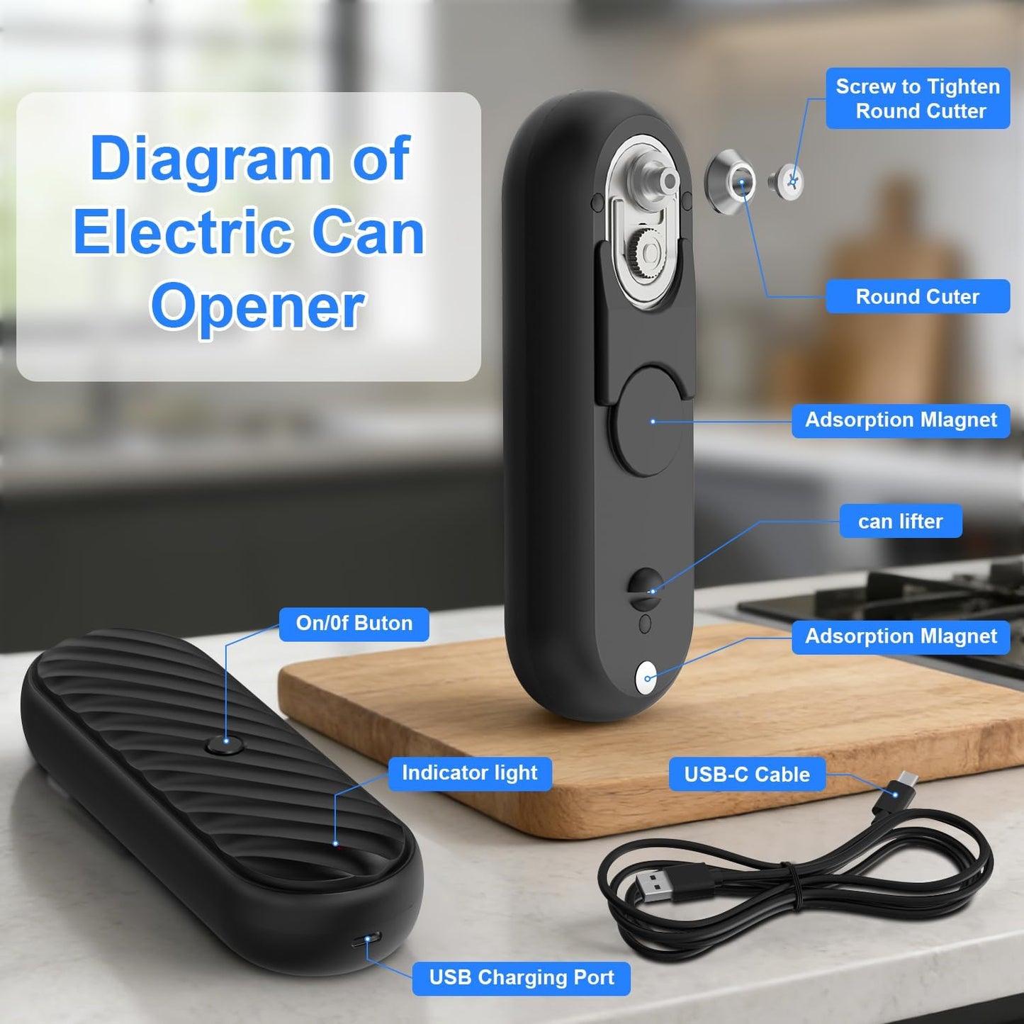 Electric Can Opener-Hands-Free Automatic,USB-C Rechargeable,Smooth Edge Opener for Seniors & Arthritis,120Min Runtime,Wall Mountable (Black)