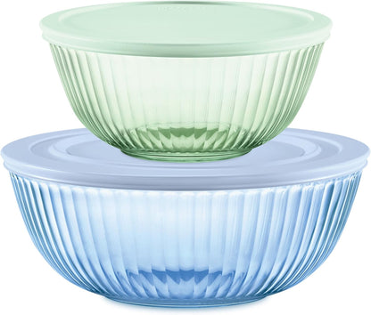 Pyrex Colors Tinted (3-Pack, Full Set) Sculpted Tinted Glass Mixing Bowls With Plastic Lids, Nesting Space Saving Set of Bowls For Prepping and Baking, 1.3QT, 2.3QT & 4.5QT