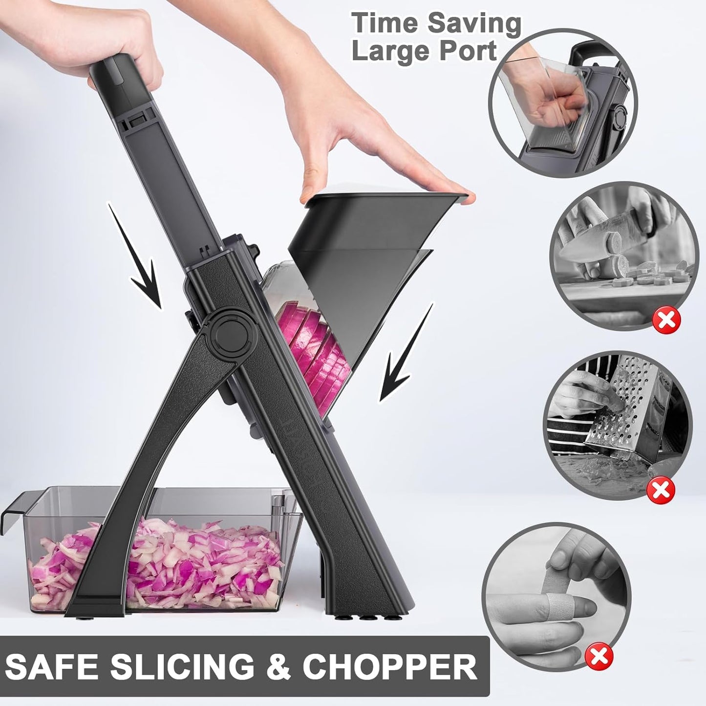 QYKIC Upgrade Safe Mandoline Slicer for Kitchen, Vegetable Chopper and Slicer, Potato Slicer Thickness Adjuster, French Fry Cutter, Veggie Onion Dicer Faster Kitchen Mandolin for Meal Prep