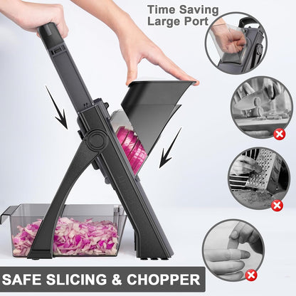 QYKIC Upgrade Safe Mandoline Slicer for Kitchen, Vegetable Chopper and Slicer, Potato Slicer Thickness Adjuster, French Fry Cutter, Veggie Onion Dicer Faster Kitchen Mandolin for Meal Prep