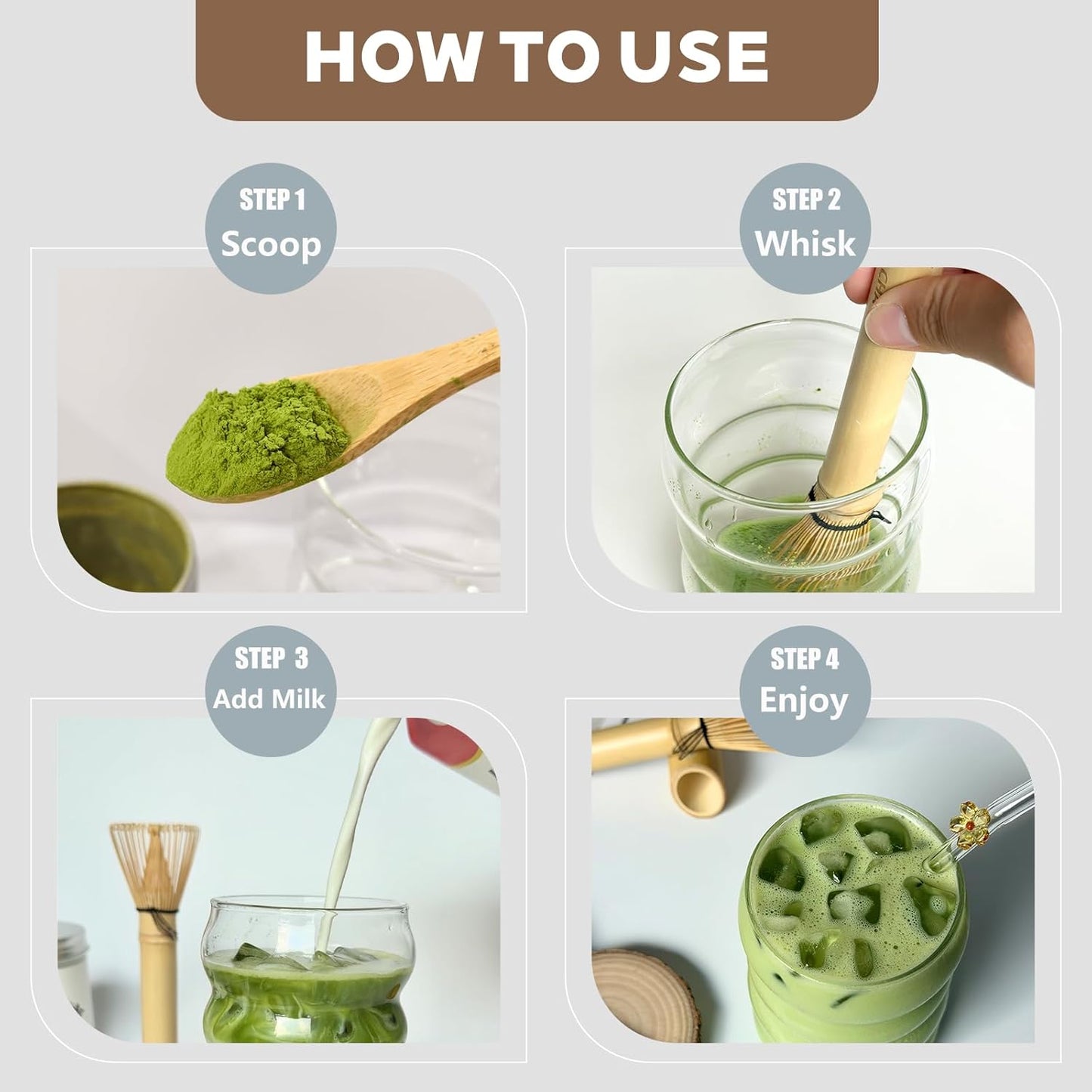 Matcha Whisk Set with Long Handle Matcha Whisk, Wave Glass Cup,Floral Straw,Bamboo Lid & Scoop - Complete Kit for Easy & Quick Matcha Preparation at Home or Office