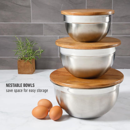 Calphalon Orbit 3 Piece Mixing Bowl Set with Acacia Wood Lids, Nesting Kitchen Mixing Bowls for Baking, Cooking, Meal Prep and Food Storage, Durable Design with Airtight Style Covers