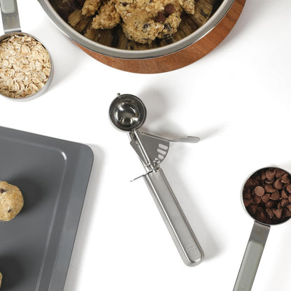 Calphalon Cookie Scoop, Stainless Steel Trigger Scoop for Cookie Dough, Ice Cream & Batter, Portion Control Kitchen Scoop with Release Mechanism, Taupe