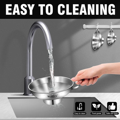 Stainless Steel Funnel, Walfos 3 Pack Kitchen Funnel with 2 Removable Strainer ＆ 1Pcs Cleaning Brush, Perfect for Transferring of Liquid, Oils, Jam, Dry Ingredients & Powder