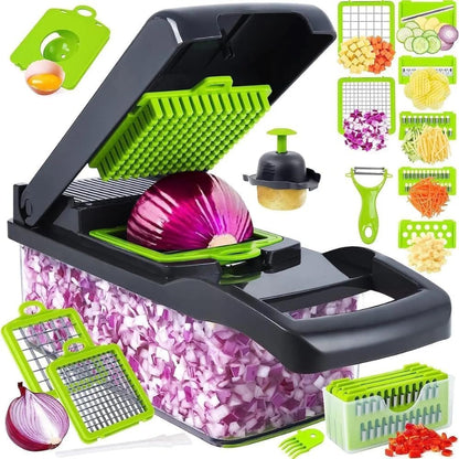 16 in 1 Vegetable Chopper and Food Chopper with Container, Onion Slicer Cutter Dicer, Veggie Cutter with 7 Blades for Carrot Salad Garlic Potato (Design 2)