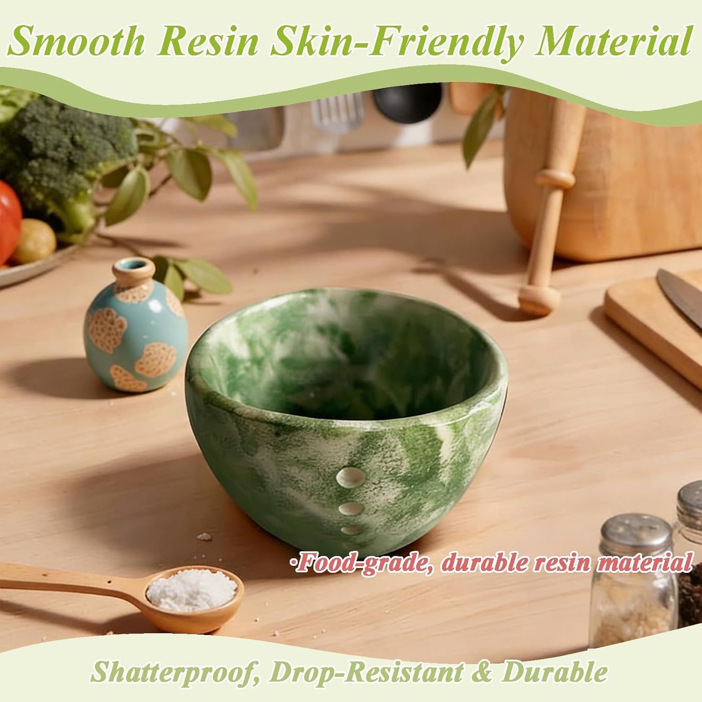 Resin Herb Stripper Bowl, Handmade Ceramic Herb Stripper, Leaf Remover with Different Sized Round Holes for Parsley, Cilantro, Rosemary, Kitchen Cooking(Green)