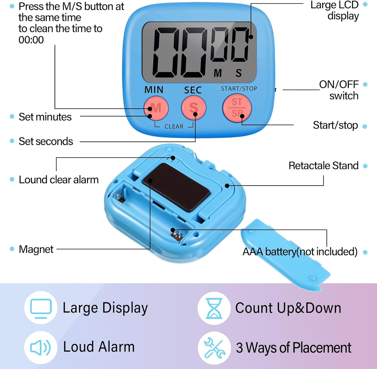 Weewooday 24 Pcs Small Digital Kitchen Timer Magnetic Back and Switch Minute Second Count up Countdown Big LCD Display Loud Alarm for Teacher Cooking Baking (Colorful)