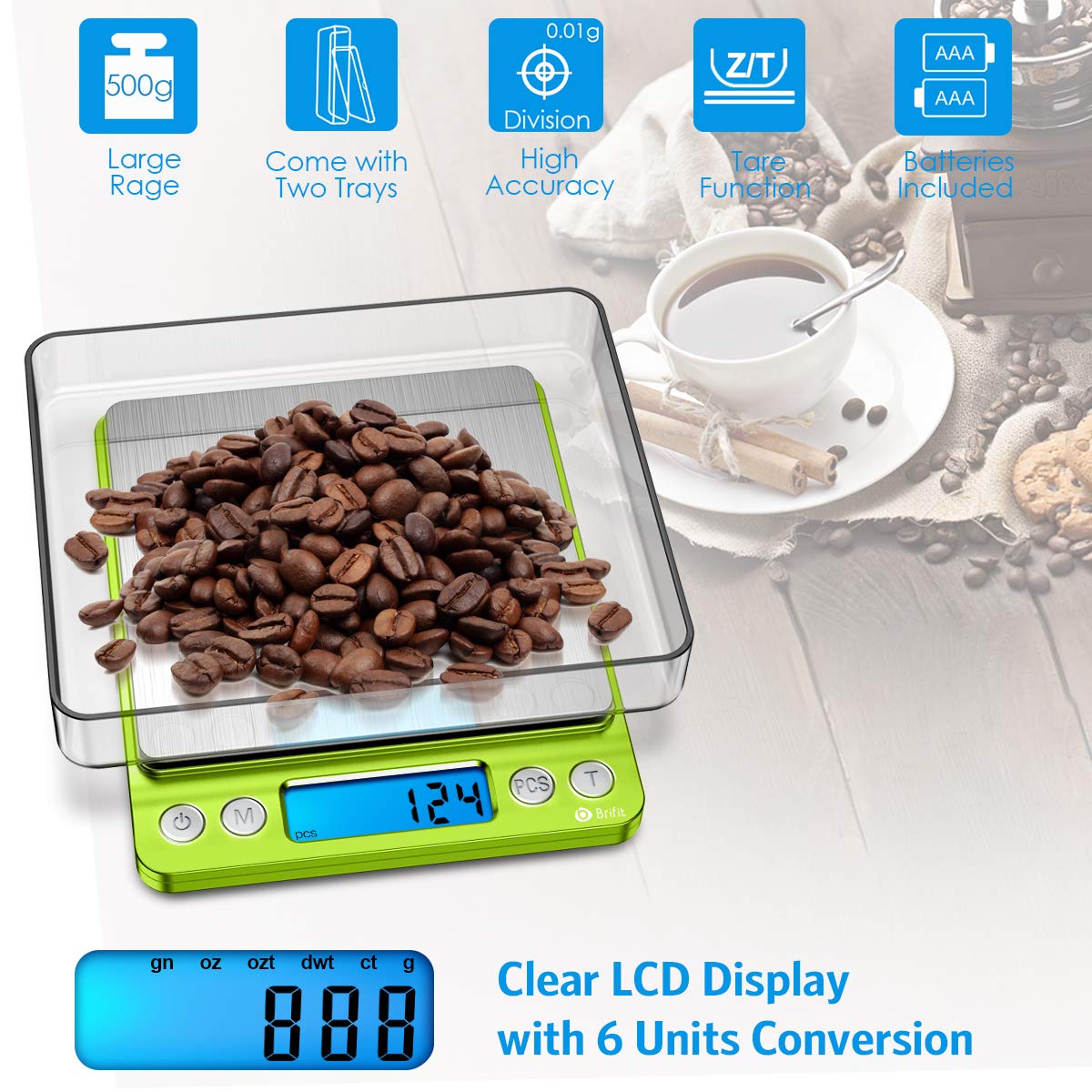 (Upgraded) AMIR Digital Kitchen Scale, 500g Mini Pocket Jewelry Scale, Food Scale, Coffee Scale, Back-Lit LCD Display, 2 Trays, 6 Units, Auto Off, Tare, PCS, Stainless Steel (Batteries Included)