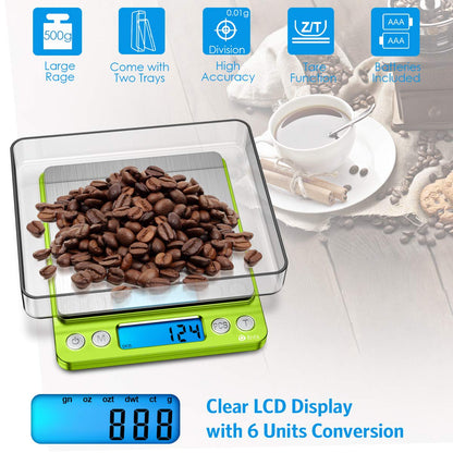 (Upgraded) AMIR Digital Kitchen Scale, 500g Mini Pocket Jewelry Scale, Food Scale, Coffee Scale, Back-Lit LCD Display, 2 Trays, 6 Units, Auto Off, Tare, PCS, Stainless Steel (Batteries Included)