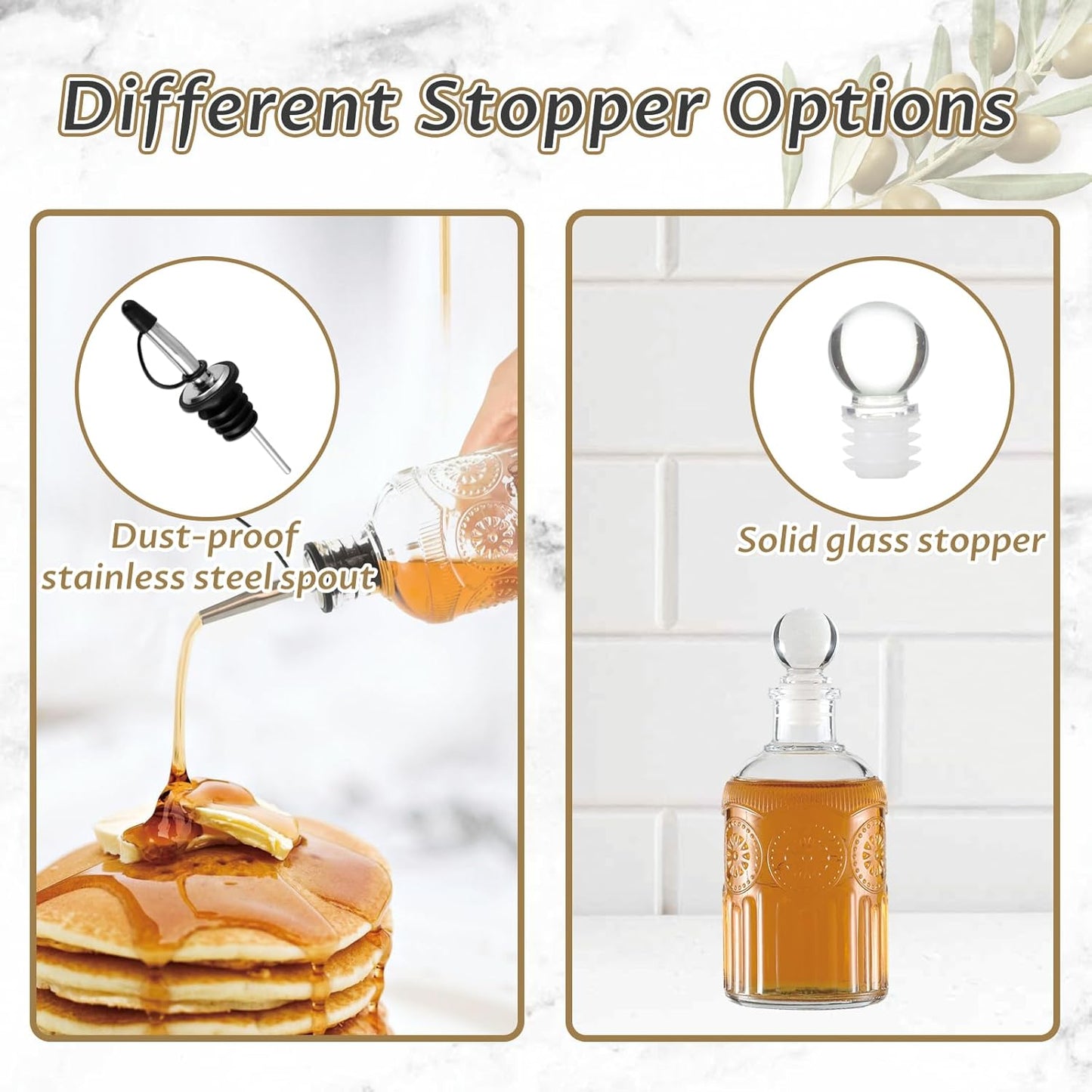 Retro Glass Syrup Dispenser Bottle 7oz, Oil and Vinegar Cruet with Stainless Steel Pour Spout, Labels, Funnel & Stopper(Sunflower)