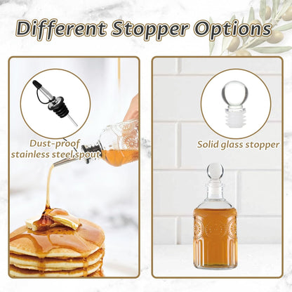 Retro Glass Syrup Dispenser Bottle 7oz, Oil and Vinegar Cruet with Stainless Steel Pour Spout, Labels, Funnel & Stopper(Sunflower)