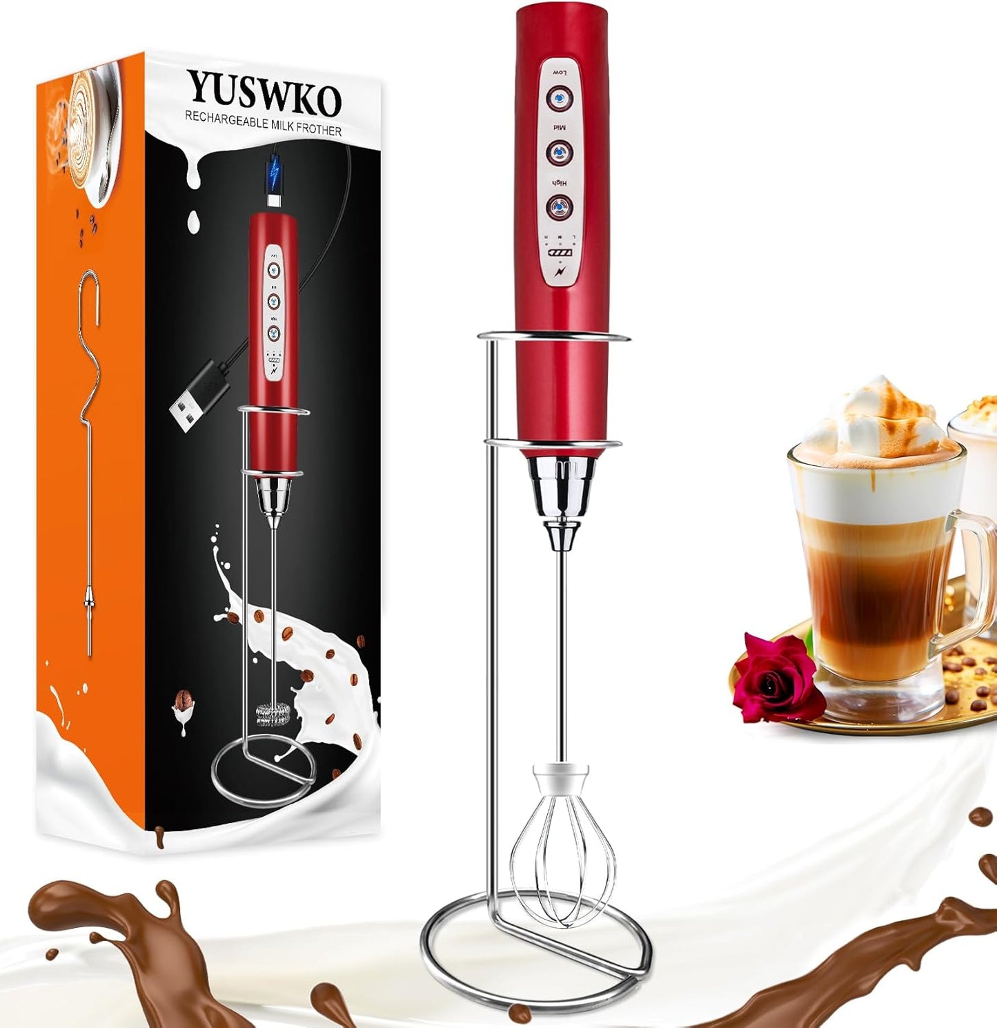 YUSWKO Black Handheld Milk Frother Wand for Coffee, Rechargeable Electric Whisk with 3 Heads 3 Speeds Drink Mixer Coffee Frother For Latte, Cappuccino, Hot Chocolate, Egg