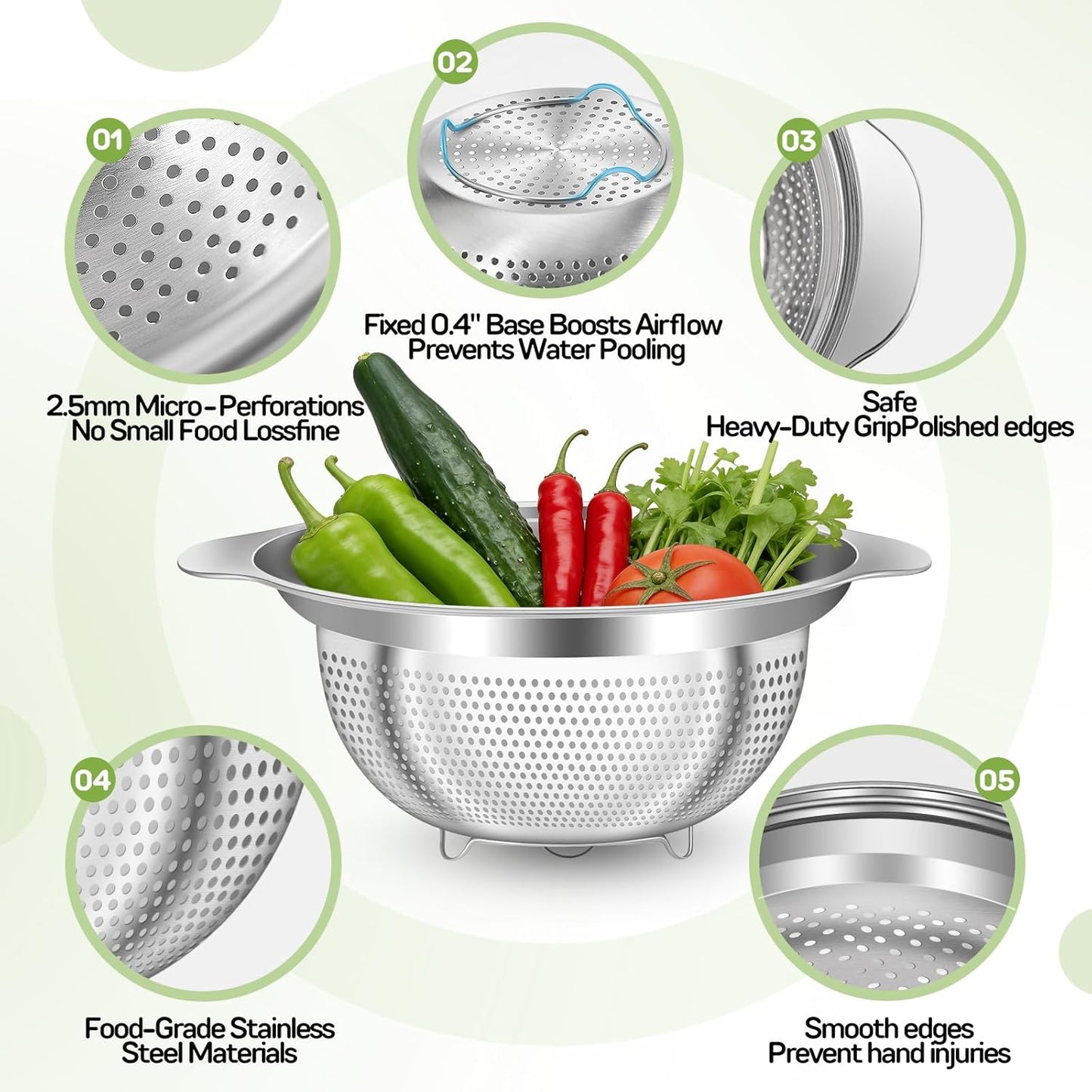 Stainless Steel Colander for Kitchen Pasta Rice Strainer for Spaghetti Fruit Cooking Food 3 Pcs Set Metal Mesh Strainers and Colanders(2QT, 3QT, 5QT),Dishwasher Safe,with Over-Sink Water Draining Base