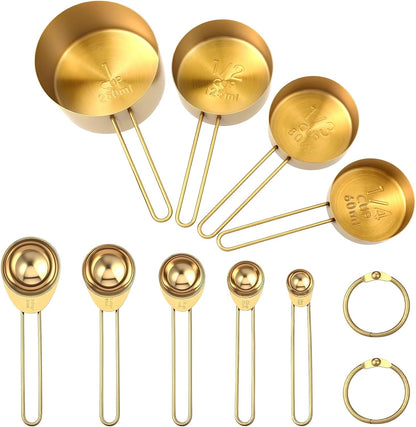 Giantree 9PCS Stainless Steel Gold Measuring Cups And Spoons Set, Metal Stackable & Long Handle Measuring Cups Measuring Spoons Set Durable Rust-Proof for Kitchen Baking Cooking