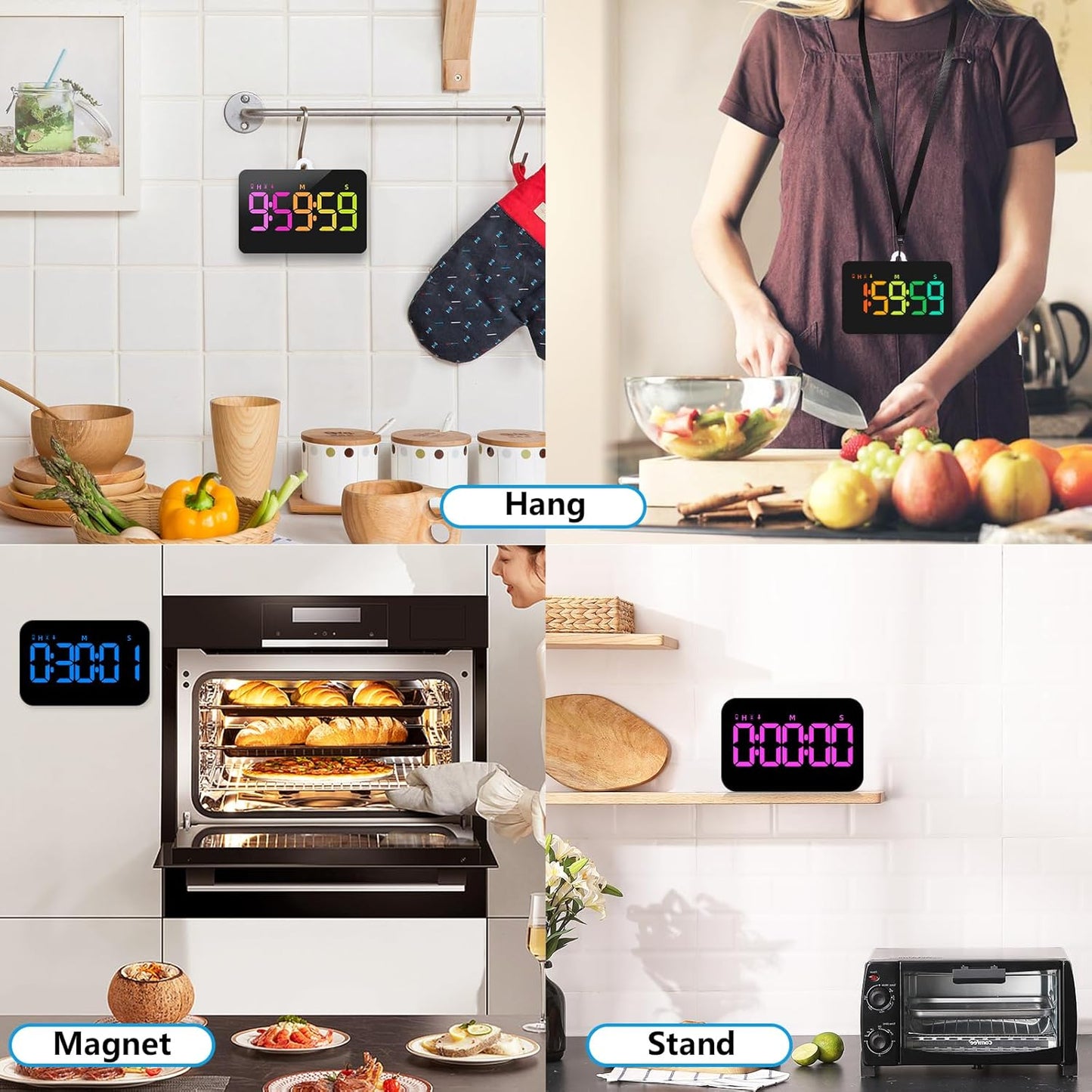 Rechargeable Digital Kitchen Timer for Cooking, Magnetic Timers with Countdown/up, Kids Timer with 5”LED Display 3 Brightness 4 Volume Adjustable for Classroom/Office/Home/Work/Study/Fitness/Game