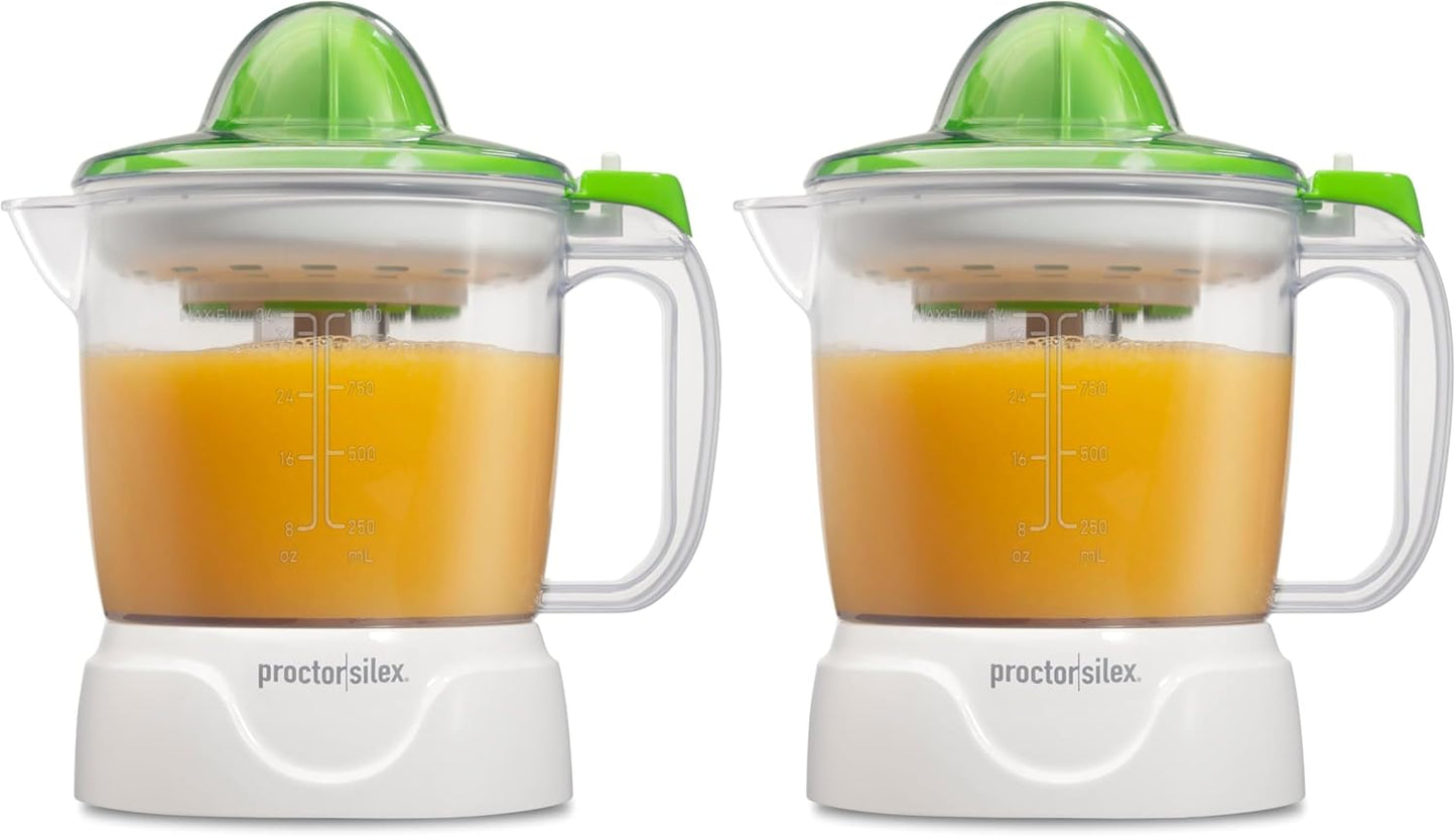 Proctor Silex Electric Citrus Juicer Machine, Large 34 oz. Pitcher, Pressure Activated, 2 Reamers for Big and Small Fruit, Pulp Control, for Orange, Lemon, Grapefruit Juice, White & Green (66340)