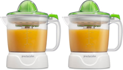 Proctor Silex Electric Citrus Juicer Machine, Large 34 oz. Pitcher, Pressure Activated, 2 Reamers for Big and Small Fruit, Pulp Control, for Orange, Lemon, Grapefruit Juice, White & Green (66340)
