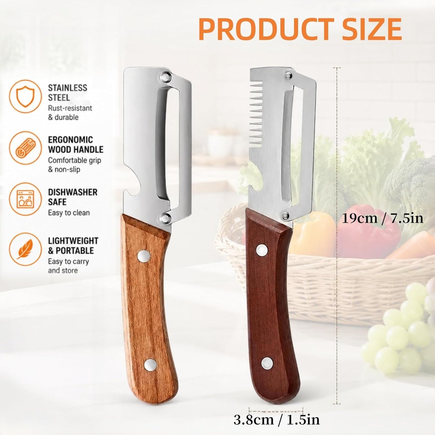 3-in-1 Vegetable Peeler with Scallion Shredder & Bottle Opener – Wide Stainless Steel Blade, Wooden Handle Julienne Cutter, Multi-Functional Kitchen Gadget for Home, Camping, Travel