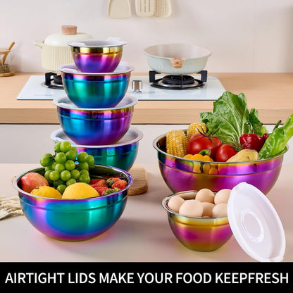 Red Mixing Bowls with Lids Set of 7, Stainless Steel Nesting Bowl with Khaki Lid for Non-slip Mixing Prepping Storing Serving, 7 Sizes-7/3.6/2.7/2.1/1.5/1/0.8 QT
