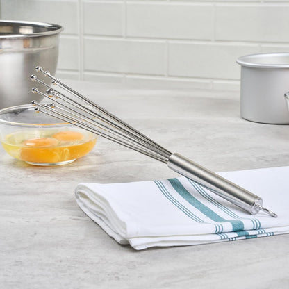Restaurantware 10.5 in Stainless Steel Ball Whisk - German Standard Egg Beater with Ergonomic Handle, Dishwasher Safe - Manual Mixer Cooking Whisk for Baking, Stirring, Sauces, Beating