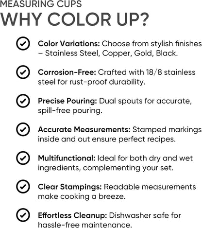 Color Up 2 Cup Measuring Cup, 480ml Stainless Steel Metal, Easy-Pour Spouts, Engraved Markings, Flat Base, Dishwasher Safe, for Dry and Liquid Ingredients
