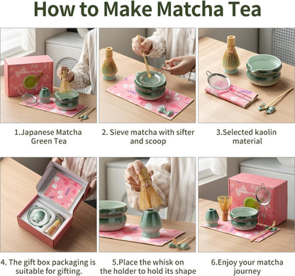 DWEHIXBUY Matcha Kit 7-Pcs matcha whisk set, Measuring Spoon, Japanese Tea Making Tools,Cha, tea bowl, pink matcha set (dark blue)