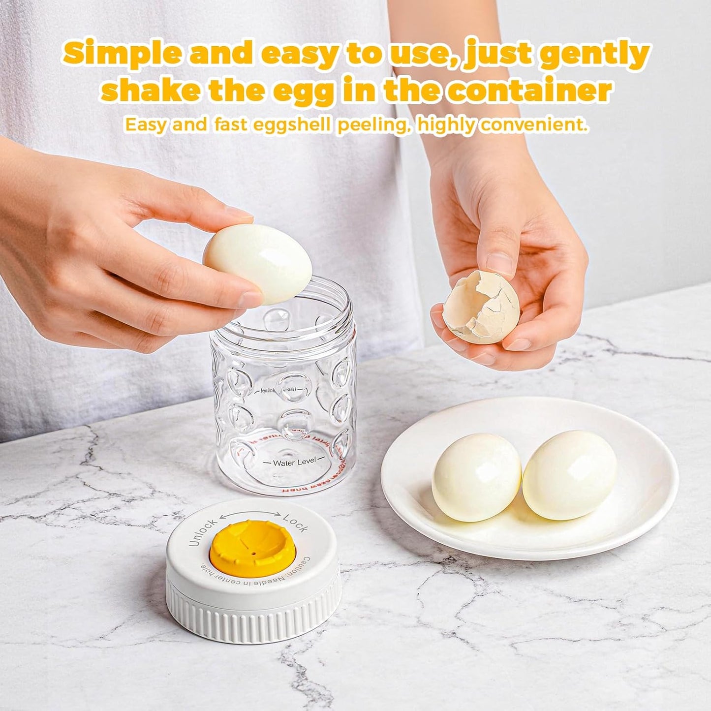 2 in 1 Egg Peeler with Piercer, Hard Boiled Egg Shell Remover Tool with Rotary Lock & Leak-Proof Design, Clear Egg Peeler for Meal Prep, Fitness, Camping & Deviled Eggs, Easy to Use & Clean (White)