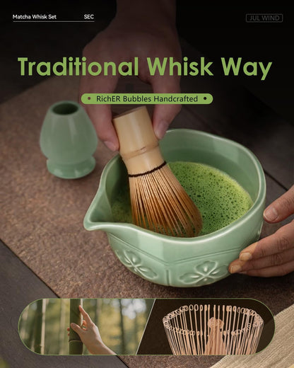 Matcha Whisk Set, Ceramic Matcha Set Includes Bowl with Spout, Whisk and Holder, Bamboo Scoop, Sifter and Tea Towel - 6 Pcs Matcha Kit Gift for Lovers Beginners (Pink)