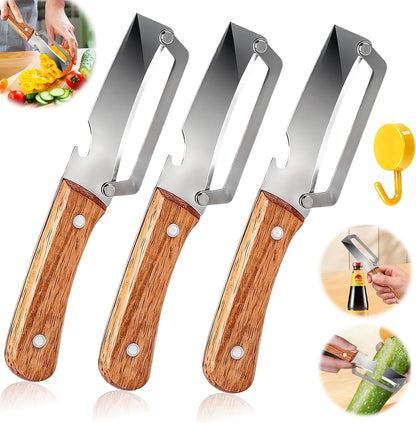 2pcs 2 In 1 Multi-Functional Vegetable Peeler With Bottle Opener, Stainless Steel Kitchen Tool With Wooden Handle, Premium Vegetable Peeler Suitable For Potatoes, Apples, Pineapples, Mangoes Cucumber