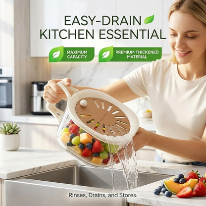 2-in-1 Fruit Washing Bowl with Strainer & Lid, Berry Container for Fridge, Plastic Produce Saver Drain Basket with Handle, Fruit Storage Container & Colander Bowl for Berries, Grapes, Lettuce