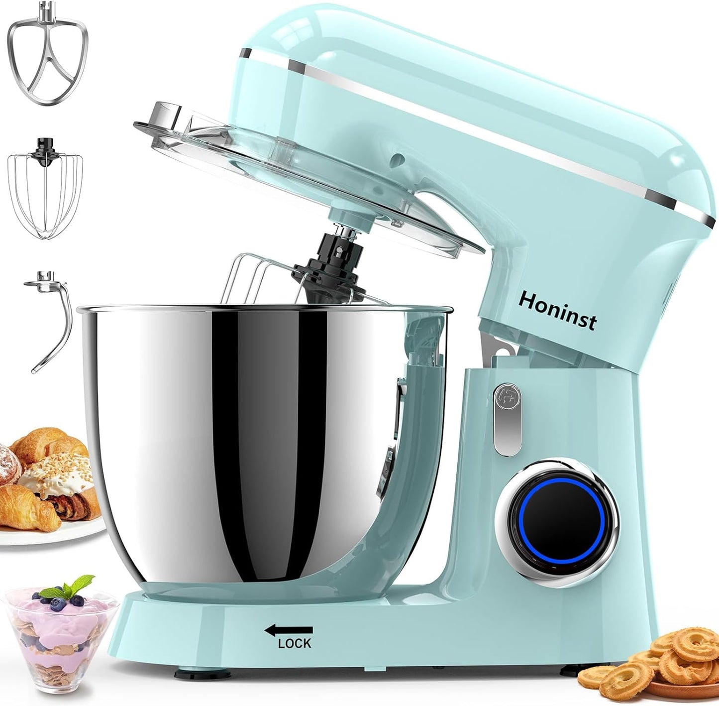 Honinst Stand Mixer, 6.5QT 10-Speed Tilt-Head Electric Stand Mixer, 3-In-1 Kitchen Mixer with Bowl, Dough Hook, Whisk and Beater, Food Mixer for Baking, Cake and Most Home Cooks, Black
