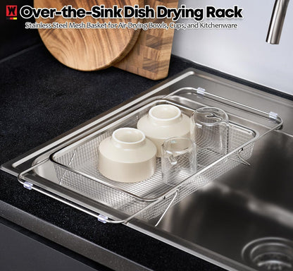 WAGENSTEIGER Extendable Dish Rack with Feet, Vegetable Colander Basket, Stainless Steel Dish or Silverware Drying Rack, Ultimate Kitchen Organizer Over the Sink (12.40 x 5.12 x 2.36 Inches)