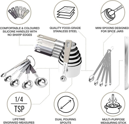 CuttleLab 22-Piece Stainless Steel Measuring Cups and Spoons Set, Tad Dash Pinch Smidgen Drop Mini Measuring Spoons, Measuring Stick Leveler, Measurement Conversion Chart Fridge Magnet, (Country Chic)