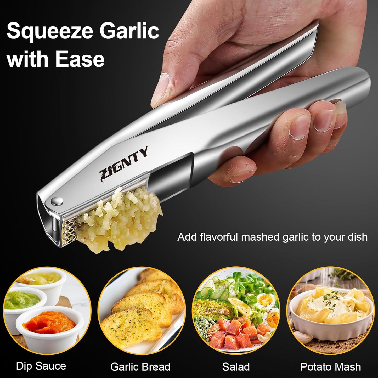 Garlic Press Stainless Steel，Professional Garlic Mincer Tool No Need to Peel，Dual Lever-Assisted Garlic Masher with Large Chamber，High Effective Garlic Crusher & Garlic Presser Dishwasher Safe