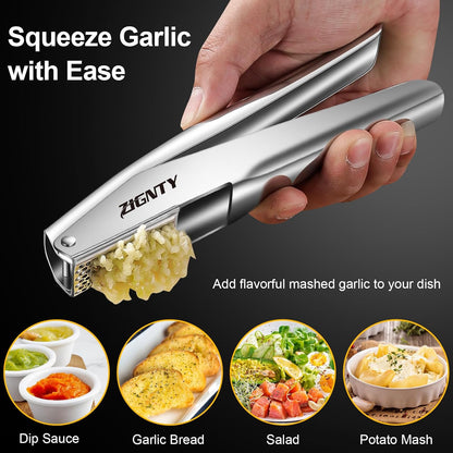 Garlic Press Stainless Steel，Professional Garlic Mincer Tool No Need to Peel，Dual Lever-Assisted Garlic Masher with Large Chamber，High Effective Garlic Crusher & Garlic Presser Dishwasher Safe