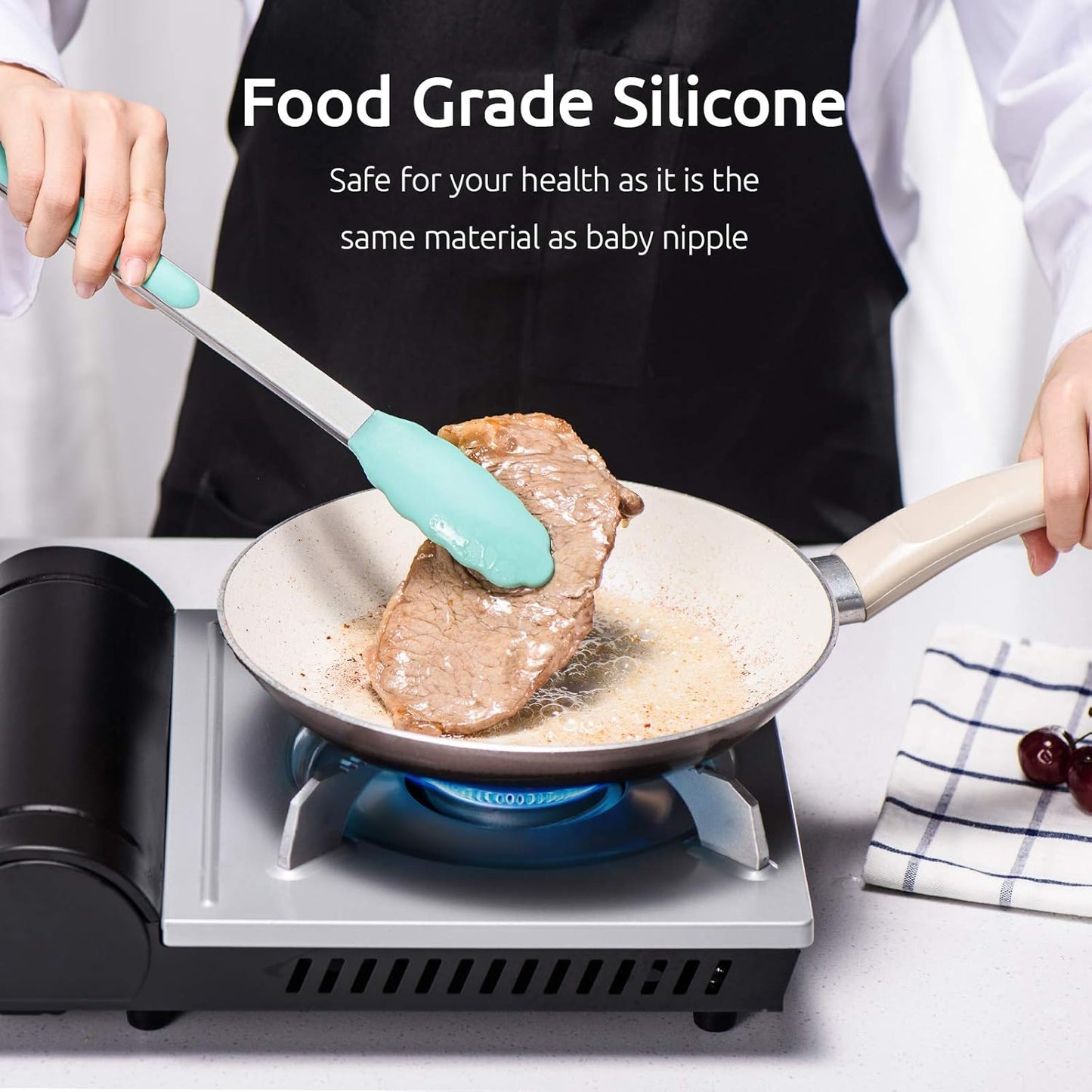 600ºF Heat Resistant Kitchen Tongs: U-Taste 7/9/12 inch Silicone Cooking Tong Set with Non Stick Rubber Tips and Silicon Coated 18/8 Stainless Steel Handle for Serving Grilling Salad(Midnight Blue)