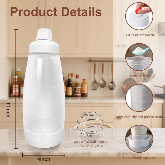 bCrush Pancake Batter Dispenser with Blender Balls, Equipped with Silicone Spatula Pancake Mixer Bottle, Kitchen Batter Squeezer Bottle Suitable for Cupcakes, Pancakes, and Muffins