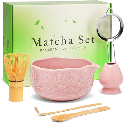 Matcha Whisk Set, Sakura Blue Ceramic Matcha Set Includes Matcha Bowl, Matcha Whisk (Chasen) and Holder, Sifter, Bamboo Scoop & Spoon - 6 Pcs Matcha Kit for Matcha Lovers