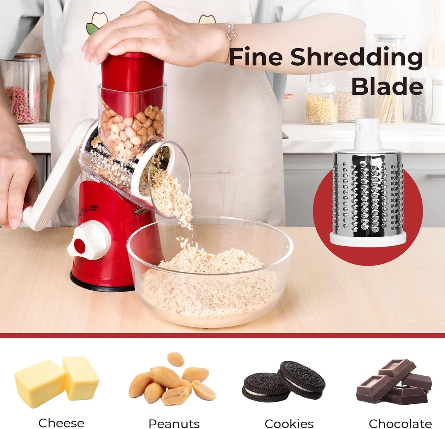 X Home Rotary Cheese Grater for Kitchen, Shredder with 3 Interchangeable Blades, Rotary Grater with Handle and Strong Suction Base, for Vegetables, Fruit, Nuts, Easy to Use and Clean, Blue