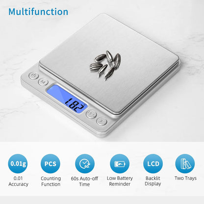 Digital Gram Scale 500g 0.01g Food Scale High Precision Kitchen Scale Multifunctional Stainless Steel Pocket Scale with Back-Lit LCD Display Tare PCS Features Silver
