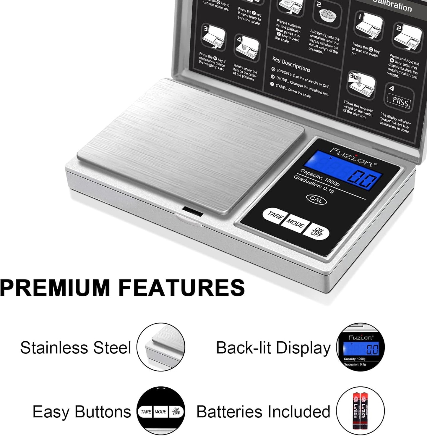 Fuzion Digital Pocket Gram Scale 1000g/0.1g, Small Digital Scales Grams Ounces Grains, Herb Scale, Jewelry Scale, Portable Travel Food Scale
